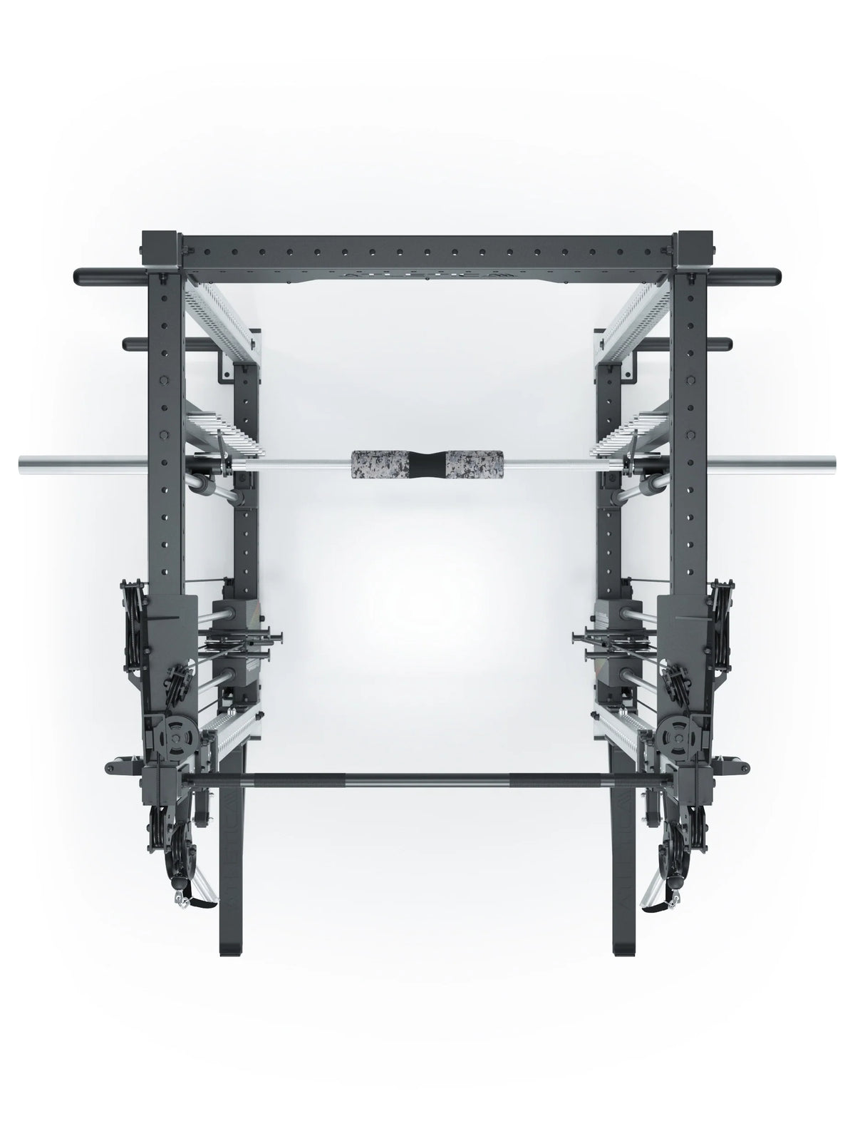 R8 Bradley Combat Long Stainless Steel Power Rack with two weight stacks, Barbell and Stainless Steel uprights