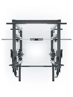 R8 Bradley Combat Long Stainless Steel Power Rack with two weight stacks, Barbell and Stainless Steel uprights