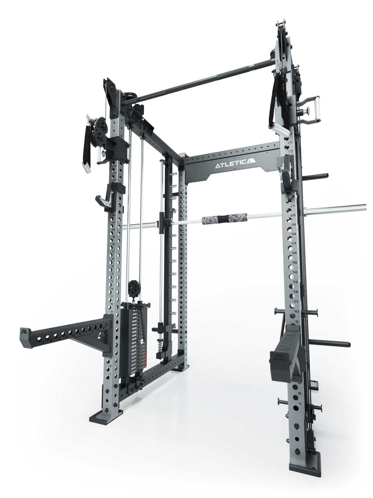 R8 Bradley Combat Long Stainless Steel modular Power Rack with two weight stacks and Cable Pulley