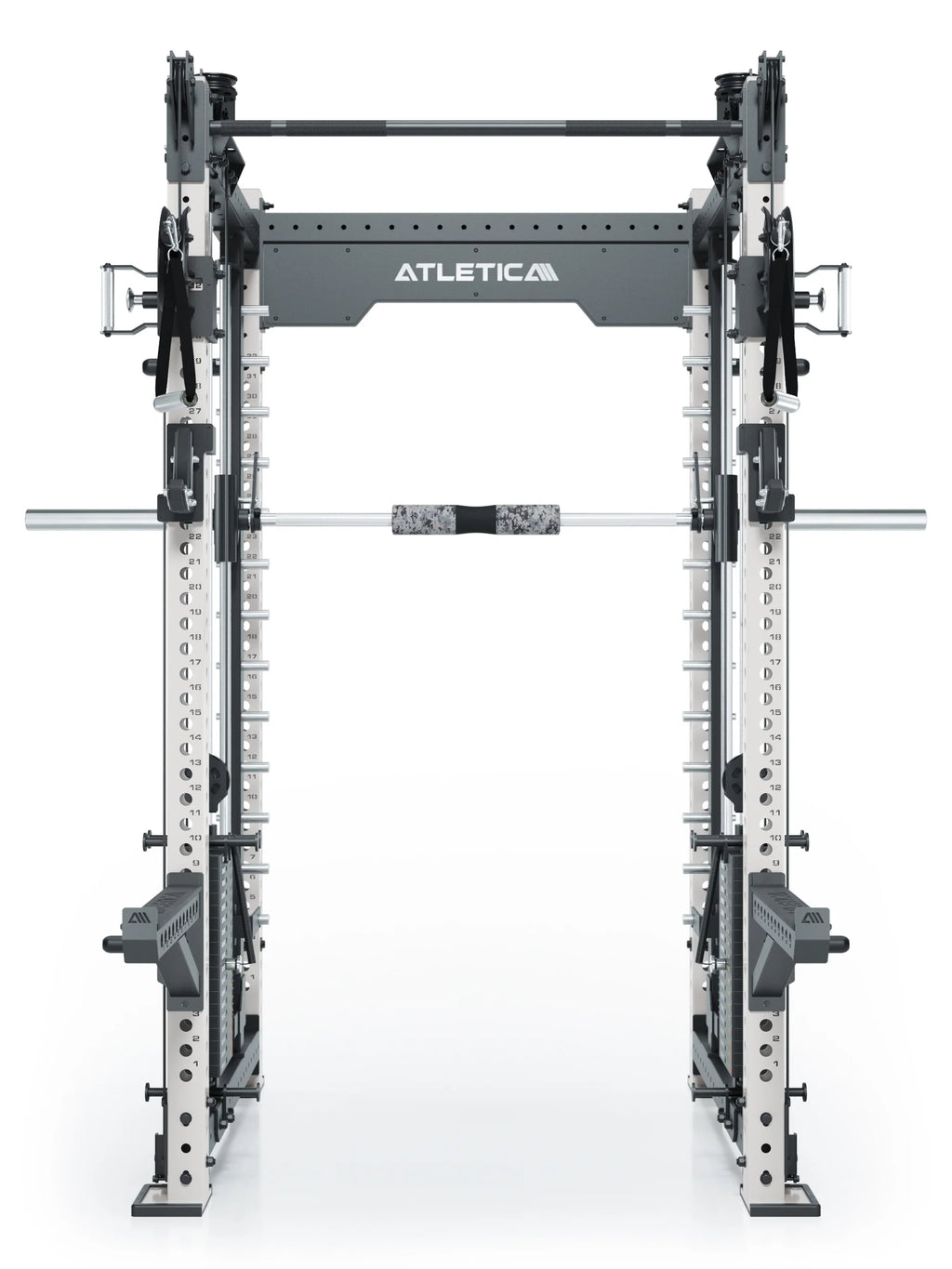 R8 Bradley Combat Long White Power Rack with Dual Cable Pulley, 380 lb Weight Stack, Pull-Up Bar and Barbell, Modular