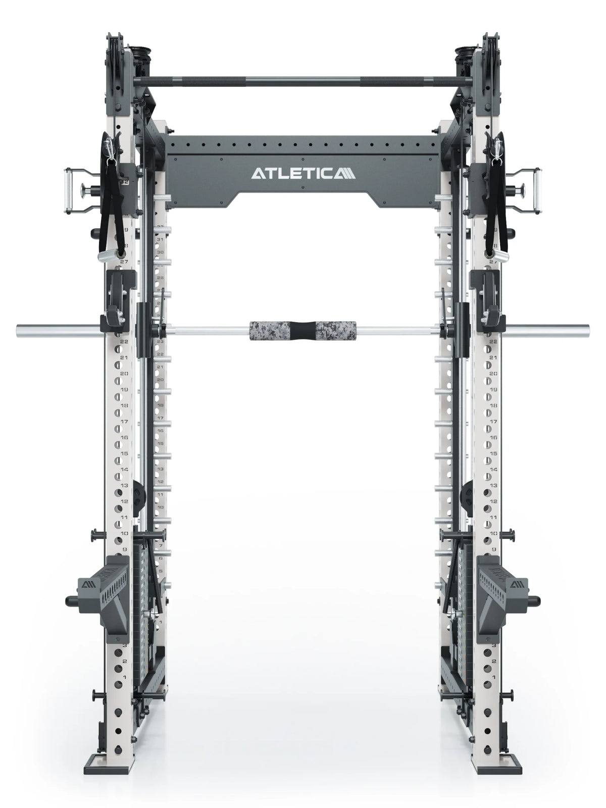 R8 Bradley Combat Long White Power Rack with Dual Cable Pulley, 2x210 lb Weight Stack, Pull-Up Bar and Barbell, Modular