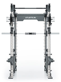 R8 Bradley Combat Long White Power Rack with Dual Cable Pulley, 380 lb Weight Stack, Pull-Up Bar and Barbell, Modular