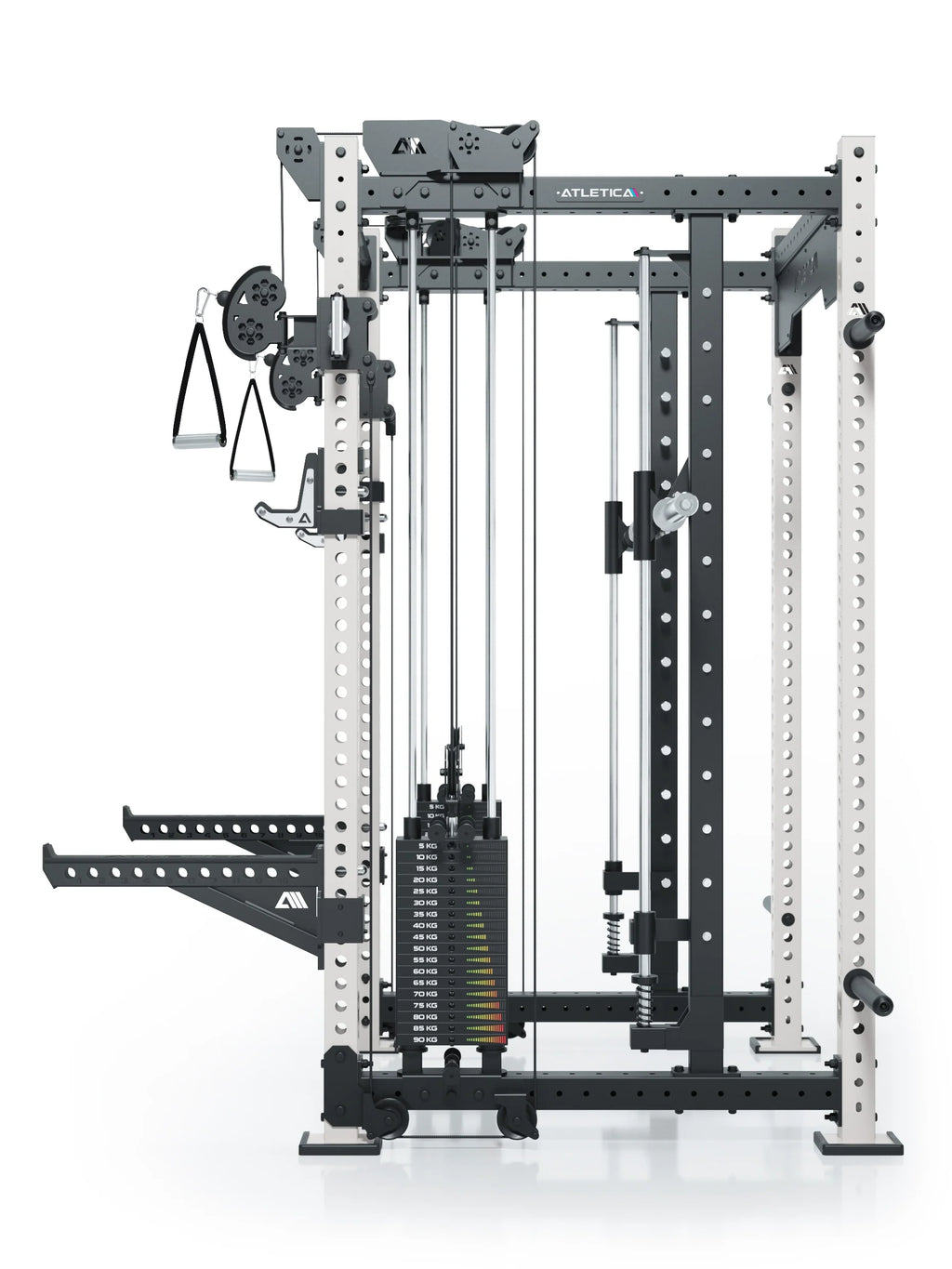 R8 Bradley Combat Long White Power Rack with dual cable pulley, 380 lb plug-in weights, handles and white-black frame, modular