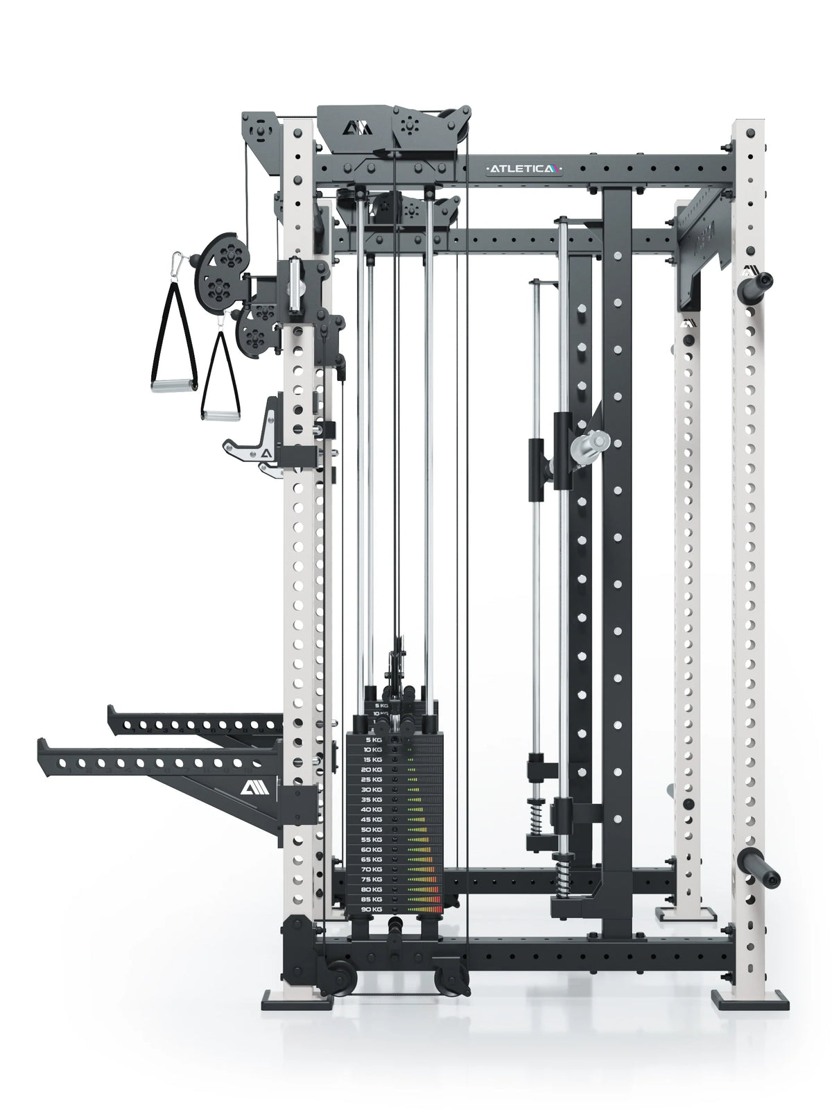 R8 Bradley Combat Long White Power Rack with dual cable pulley, 2x210 lb plug-in weights, handles and white-black frame, modular