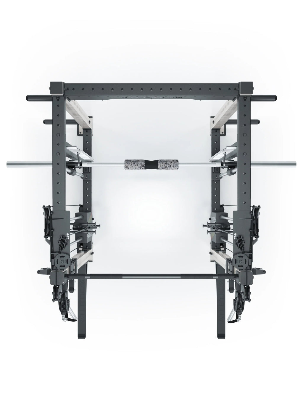 R8 Bradley Combat Long White Power Rack with dual cable pulley, 380 lb weight stack and pull-up bar, modular