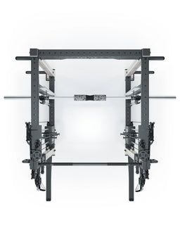 R8 Bradley Combat Long White Power Rack with dual cable pulley, 380 lb weight stack and pull-up bar, modular