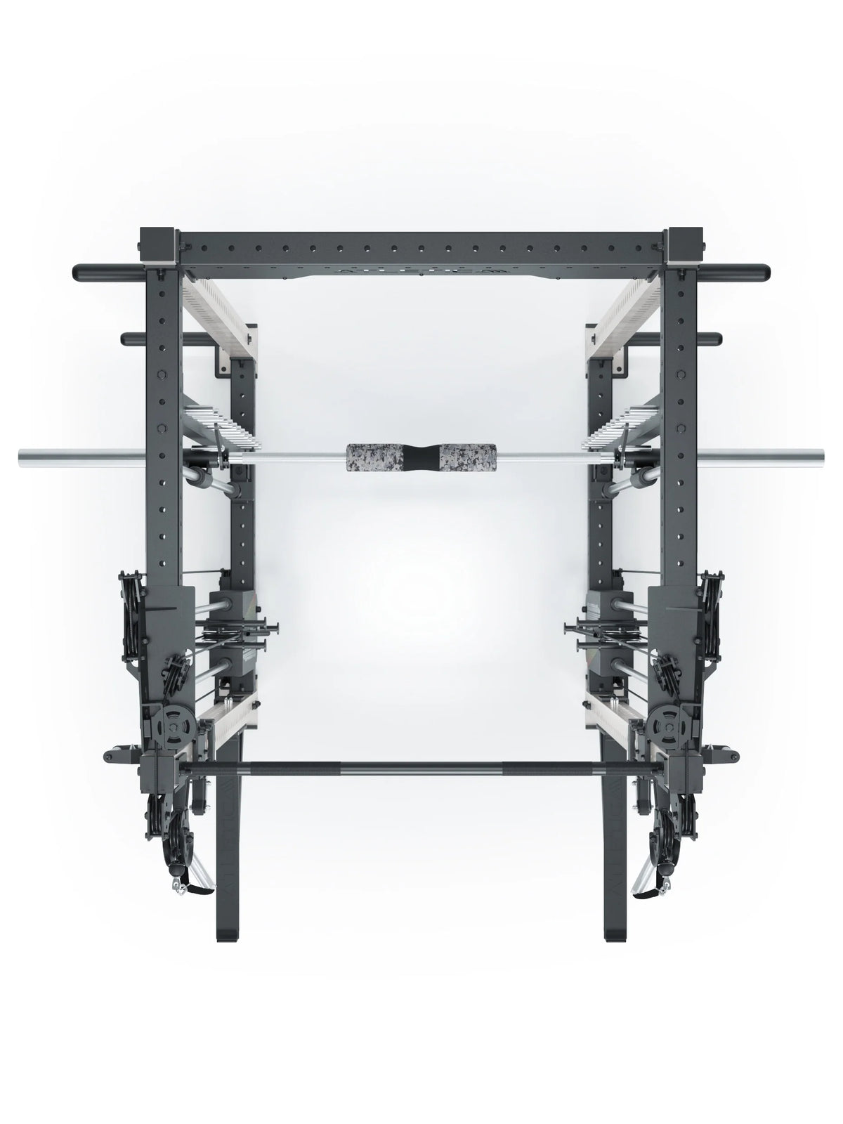 R8 Bradley Combat Long White Power Rack with dual cable pulley, 380 lb weight stack and pull-up bar, modular