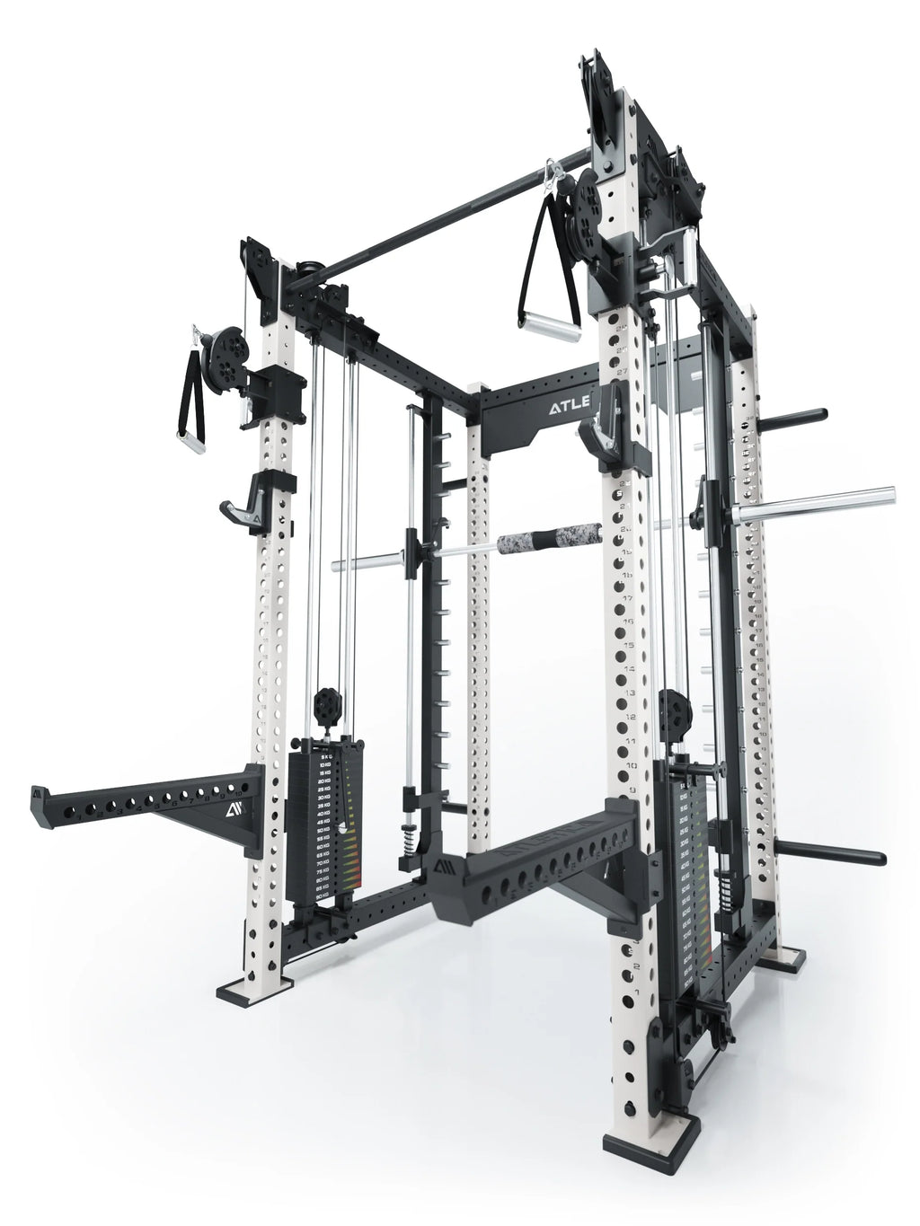 R8 Bradley Combat Long White Power Rack with Dual Cable Pulley, 380 lb Weight Stack, Pull-Up Bar and Dip Bars, Modular