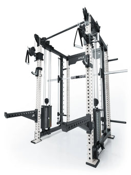 R8 Bradley Combat Long White Power Rack with Dual Cable Pulley, 380 lb Weight Stack, Pull-Up Bar and Dip Bars, Modular