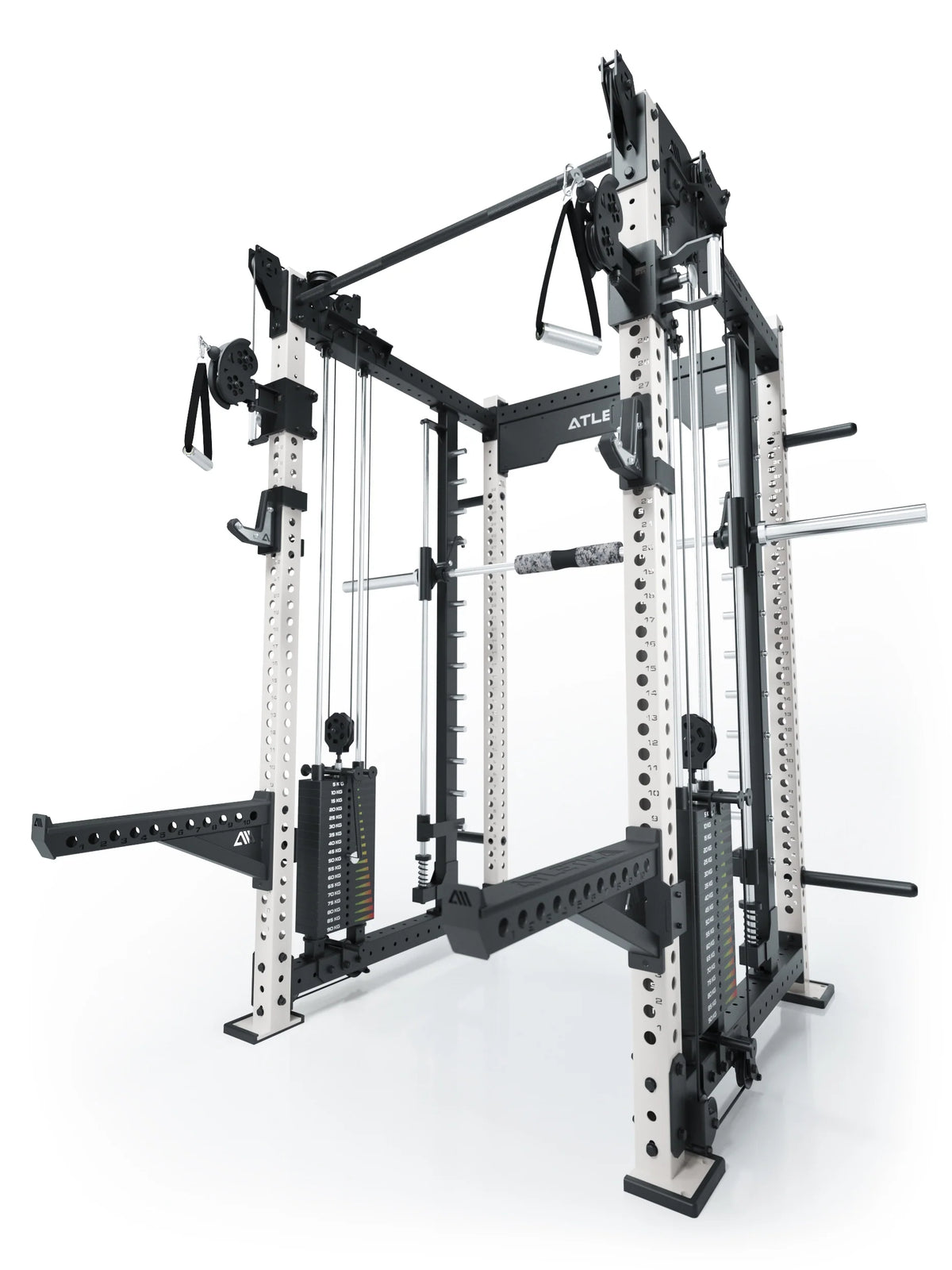 R8 Bradley Combat Long White Power Rack with Dual Cable Pulley, 380 lb Weight Stack, Pull-Up Bar and Dip Bars, Modular