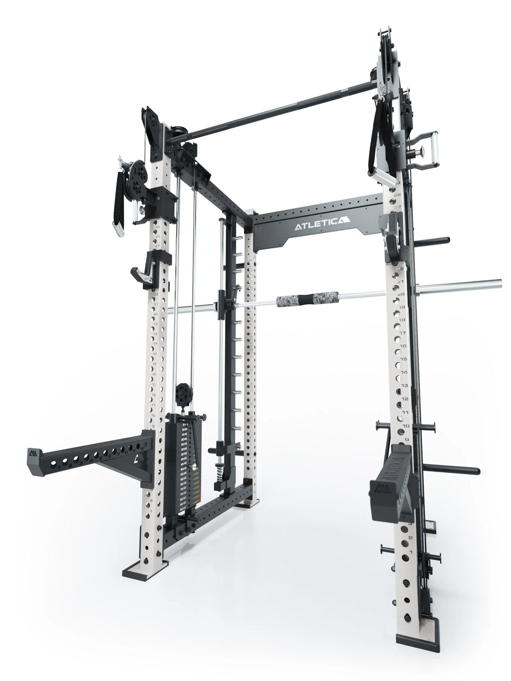 R8 Bradley Combat Long White Power Rack with Pull-Up Bar, dual Cable Pulley and 380 lb plug-in weights, modular