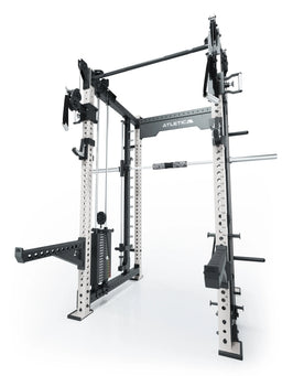 R8 Bradley Combat Long White Power Rack with Pull-Up Bar, dual Cable Pulley and 380 lb plug-in weights, modular