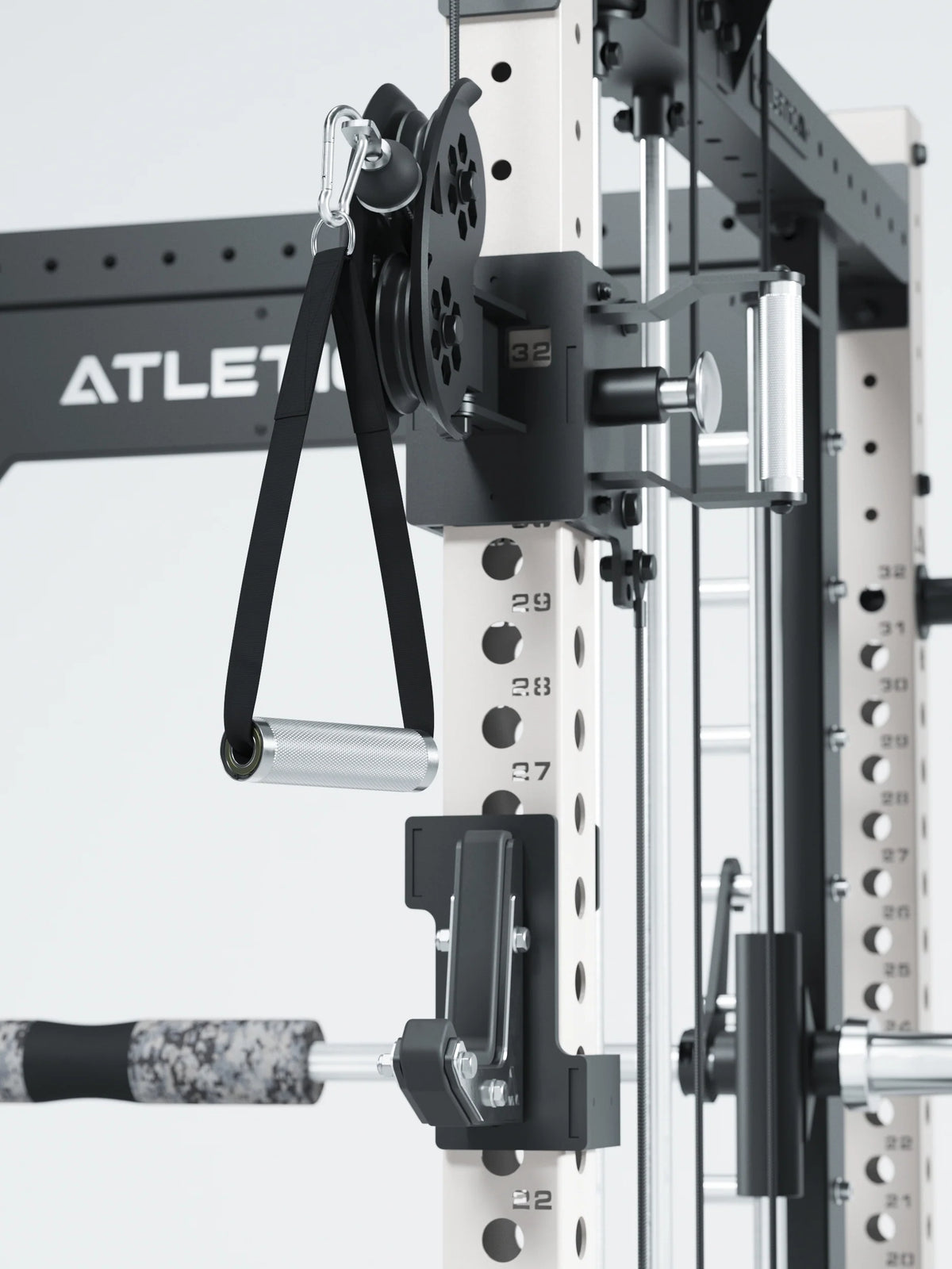 R8 Bradley Combat Long White Functional Trainer with pulley, carabiner hook, grip bar and 2x210 lb weight stack, modular