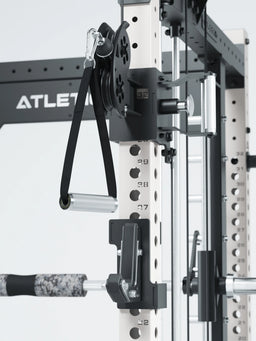 R8 Bradley Combat Long White Functional Trainer with pulley, carabiner hook, grip bar and 380 lb weight stack, modular