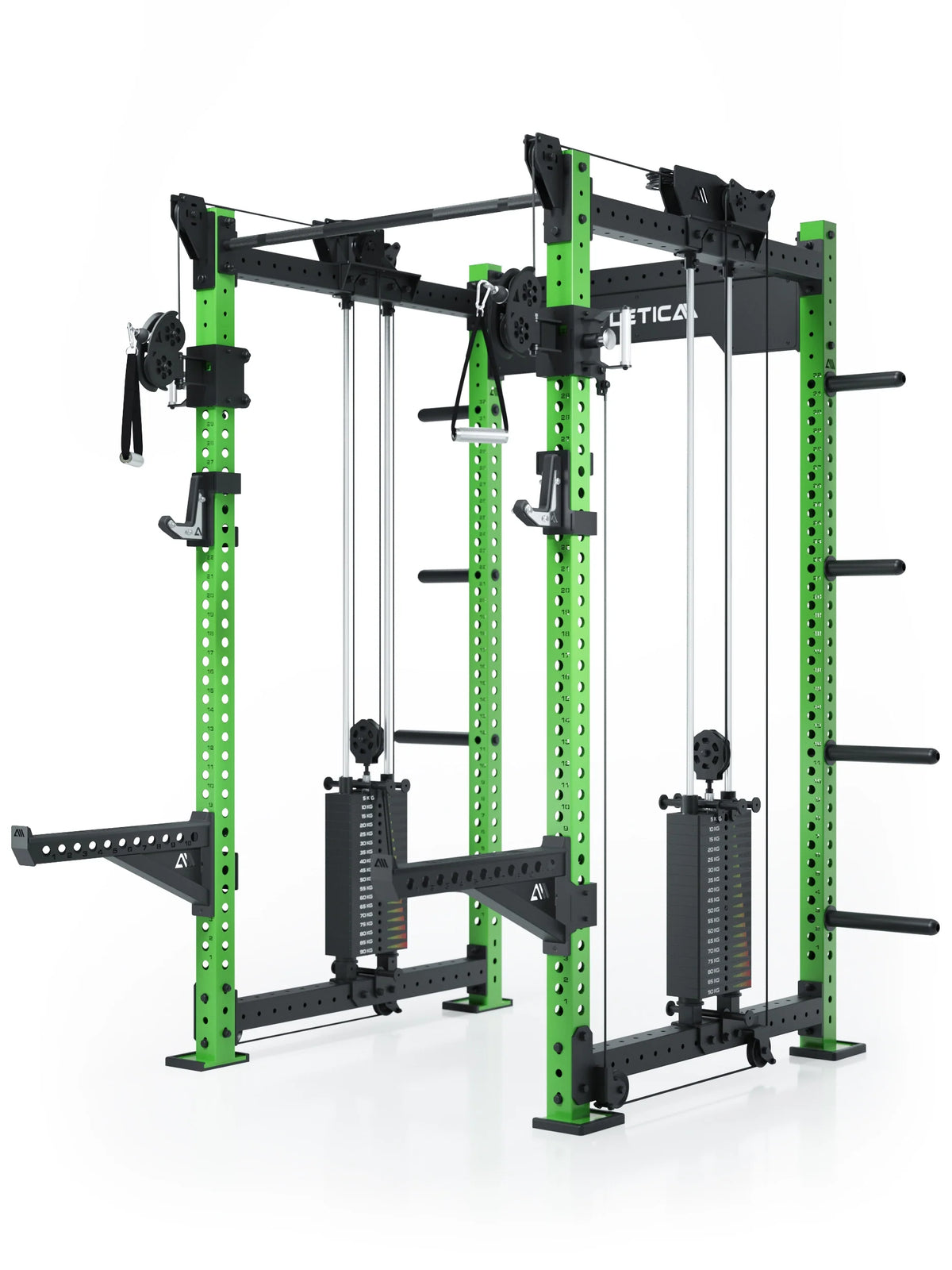 R8 Bradley Power Rack - green cage with weight stack, cable pulley, J-Hooks, dip bars