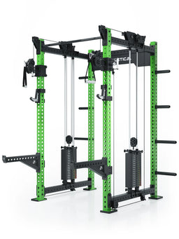 R8 Bradley Power Rack - green cage with weight stack, cable pulley, J-Hooks, dip bars
