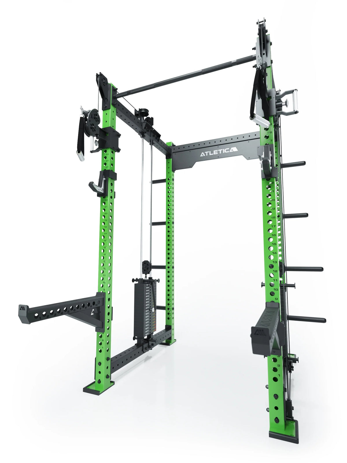 R8 Bradley Power Rack - green cage with weight stack, Pull-Up Bar, Cable Pulley, Weight Plate holders