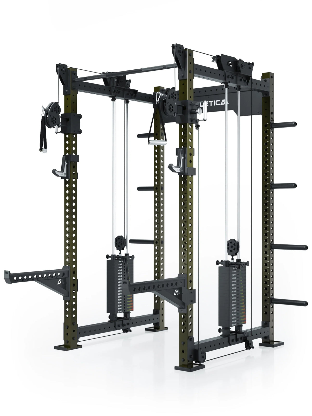 Atletica R8 Bradley Long power rack with weight stacks, Military Green uprights
