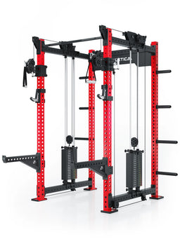 R8 Bradley Power Rack - red rack with weight stack, Pull-Up Bar, Cable Pulley, weight plate holder