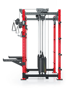 R8 Bradley Power Rack - red Power Cage with weight stack, cable pull, dip bars