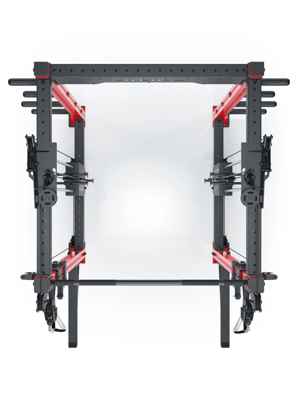 R8 Bradley Power Rack - black Power Cage with red accents, Weight Plate holders, Cable Pulley