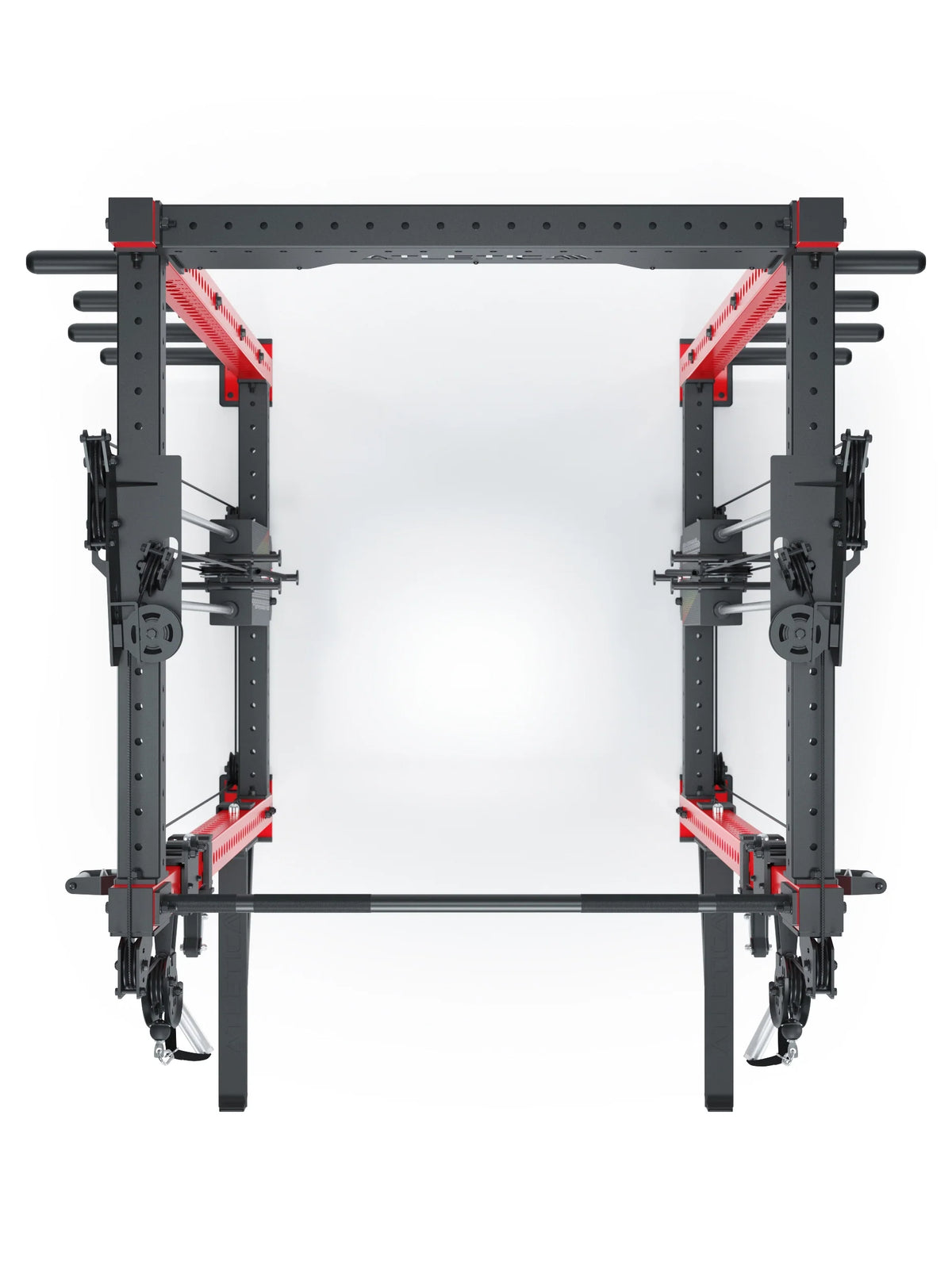R8 Bradley Power Rack - black Power Cage with red accents, Weight Plate holders, Cable Pulley