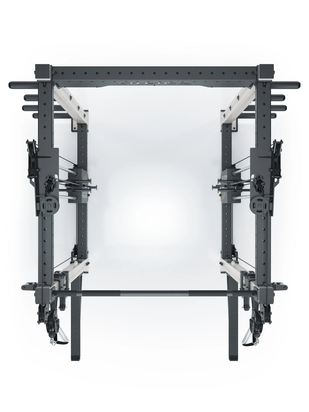R8 Bradley Power Rack - black Power Cage with weight plate holders, cable pulley, pull-up bar