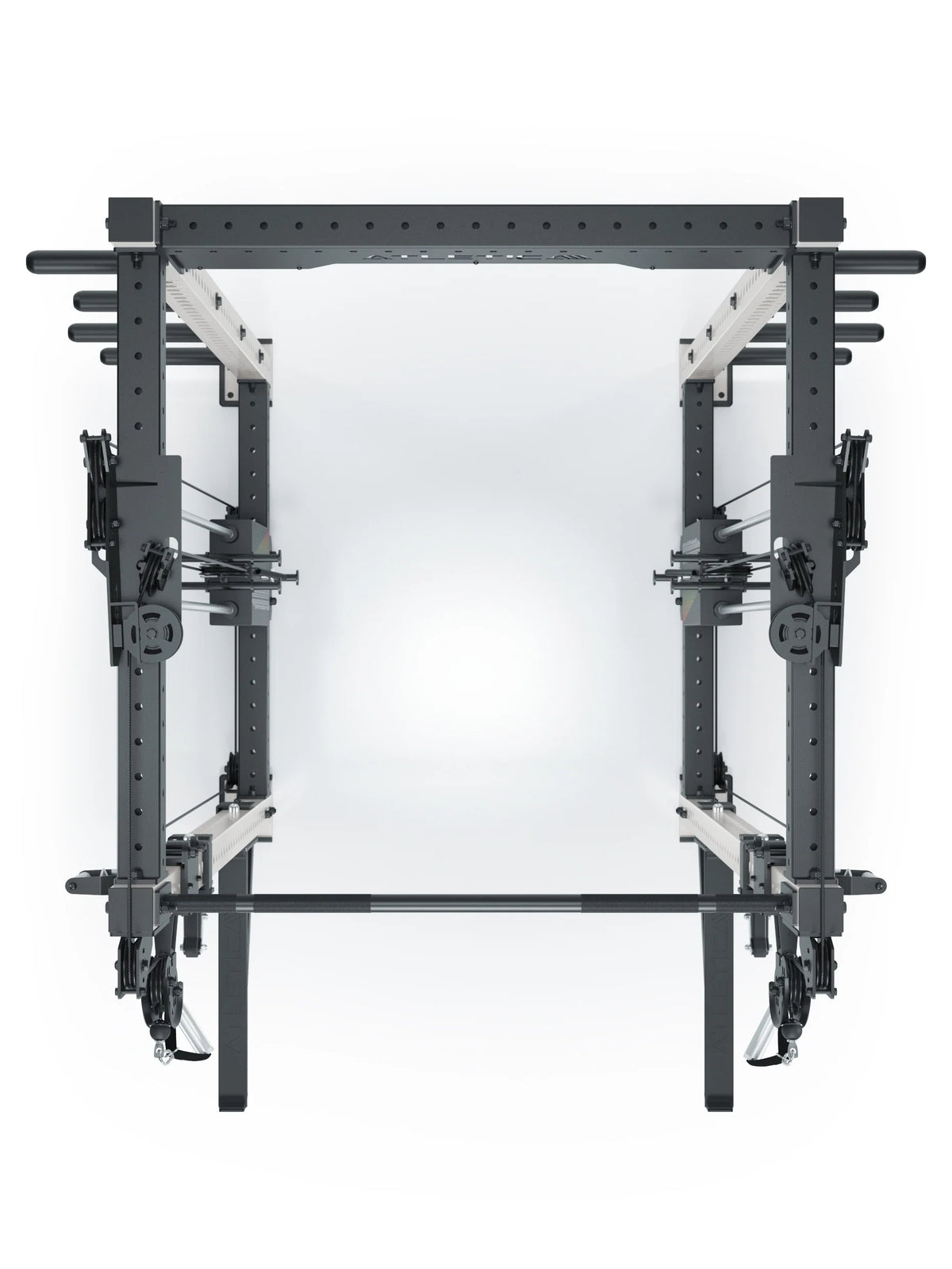 R8 Bradley Power Rack - black Power Cage with weight plate holders, cable pulley, pull-up bar