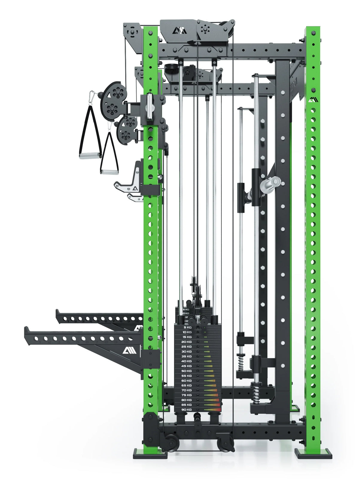 R8 Bradley Combat Medium Power Rack with two weight stacks, cable pulley, handles, in Electric Green 