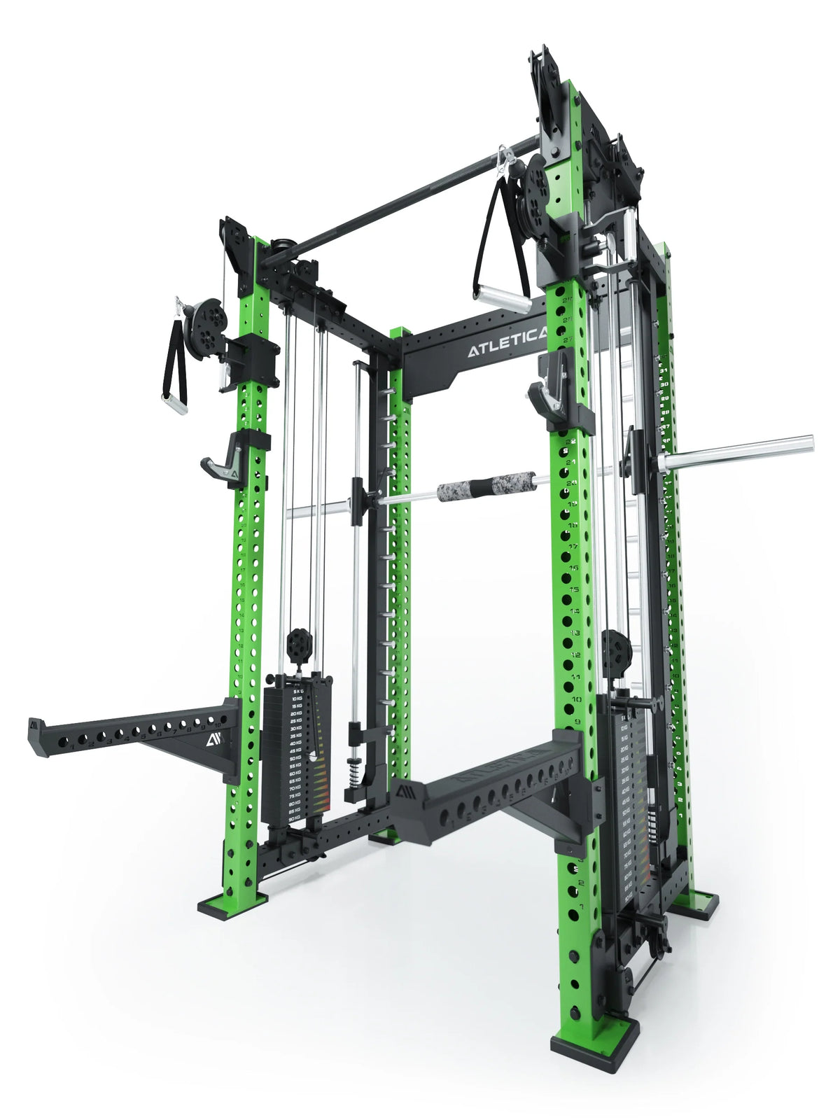R8 Bradley Combat Medium Power Rack with Two Weight Stacks, Pull-Up Bar, Cable Pulley, in Electric Green 