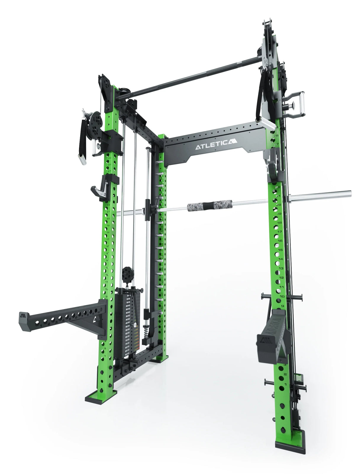 R8 Bradley Combat Medium Power Rack with Pull-Up Bar, two weight stacks, Cable Pulley, in Electric Green 