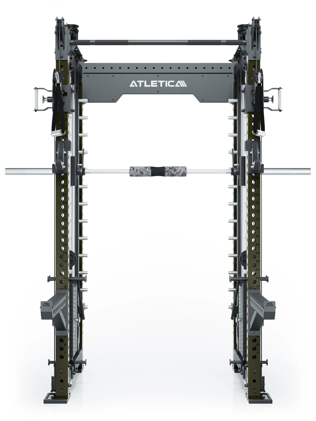 R8 Bradley Combat Medium Power Rack in Military Green with barbell, weight stack and Pull-Up Bar, modular