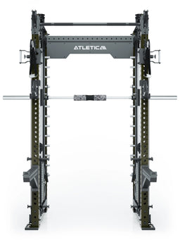 R8 Bradley Combat Medium Power Rack in Military Green with barbell, weight stack and Pull-Up Bar, modular