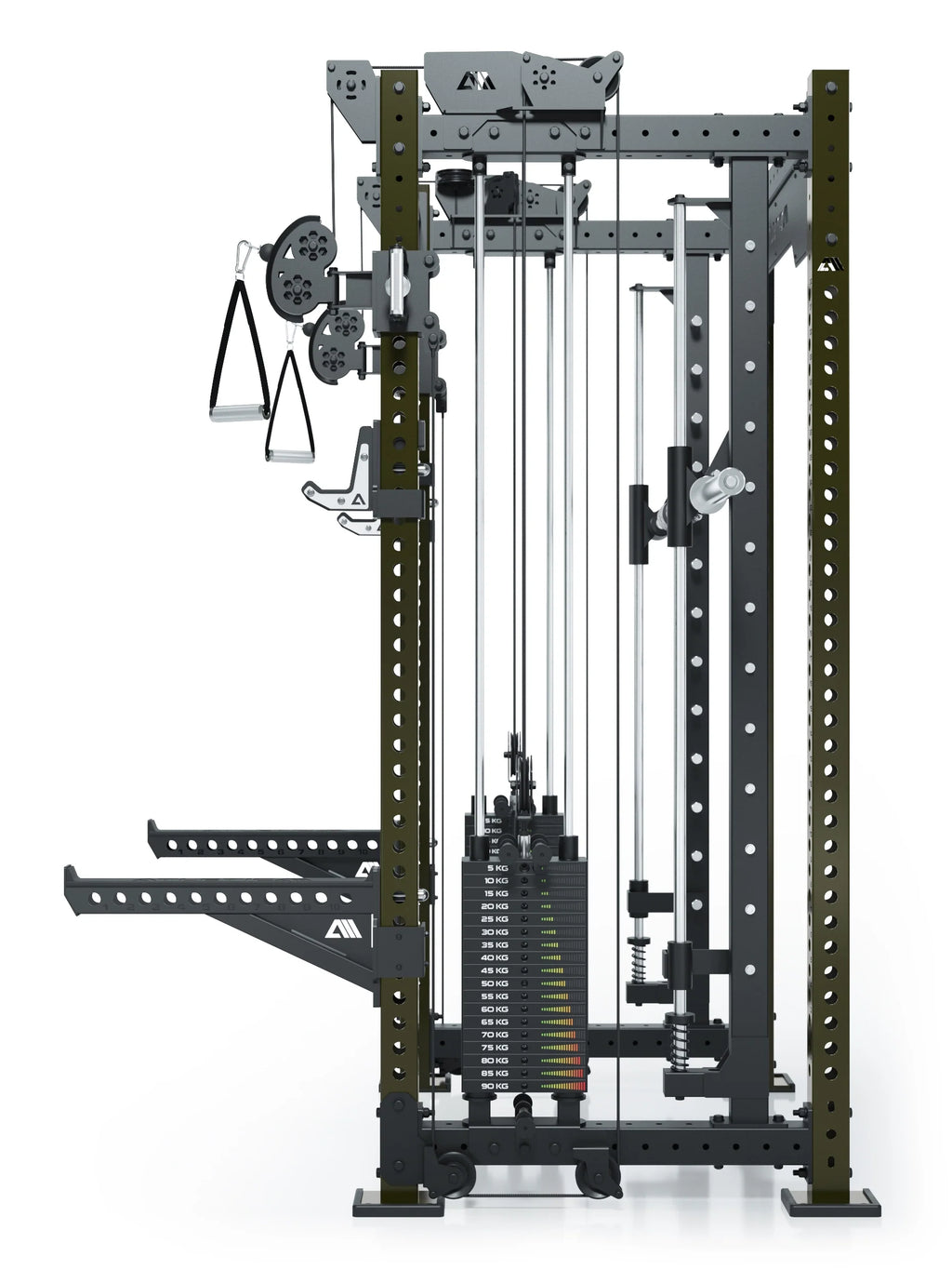 R8 Bradley Combat Medium Power Rack in Military Green with two Weight Stacks, cable pull and handles, modular