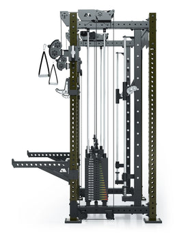 R8 Bradley Combat Medium Power Rack in Military Green with two Weight Stacks, cable pull and handles, modular