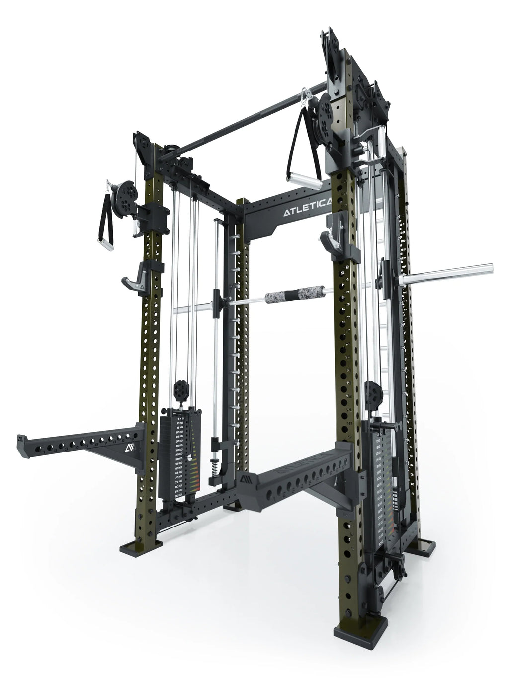 R8 Bradley Combat Medium Power Rack in Military Green with pull-up bar, two weight stacks and cable pulley, modular