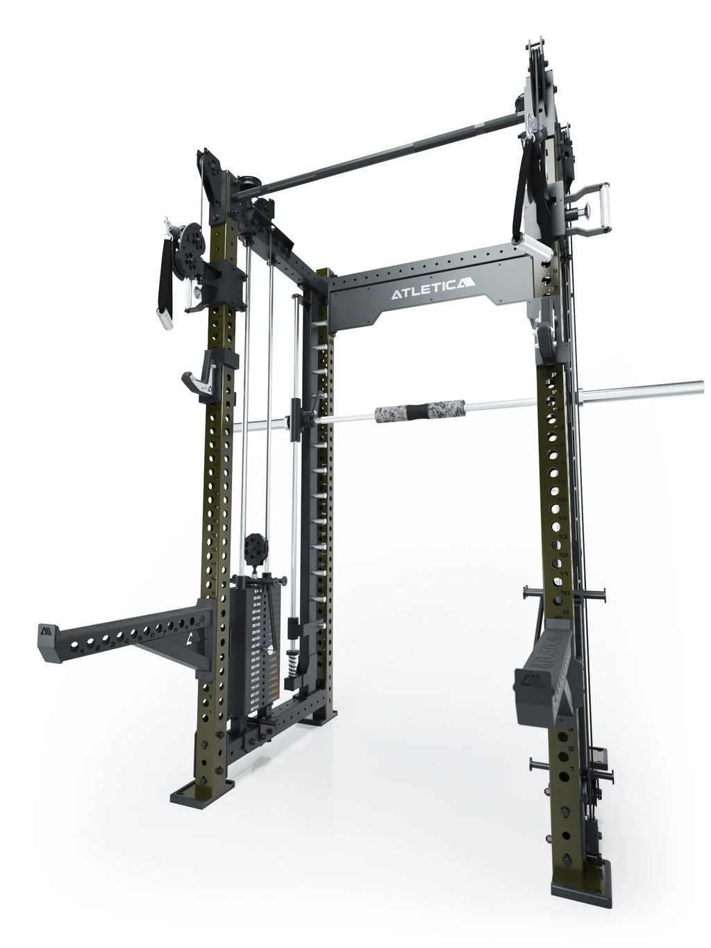 R8 Bradley Combat Medium Power Rack in Military Green with two weight stacks, pull-up bar, cable pulley and barbell