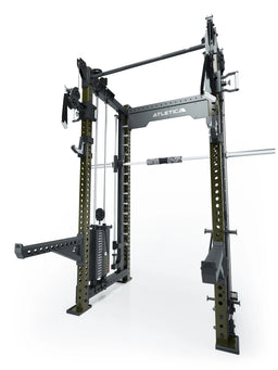 R8 Bradley Combat Medium Power Rack in Military Green with two weight stacks, pull-up bar, cable pulley and barbell