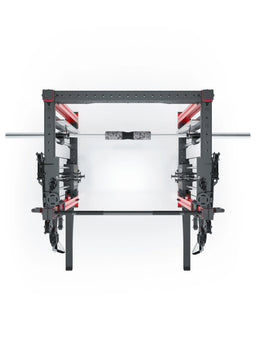 R8 Bradley Combat Medium Power Rack with two 190 lb weight stacks, Smith Machine, in Sportscar Red
