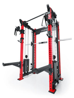 R8 Bradley Combat Medium Power Rack with dual cable pulley system and integrated Smith Machine, in Sportscar Red