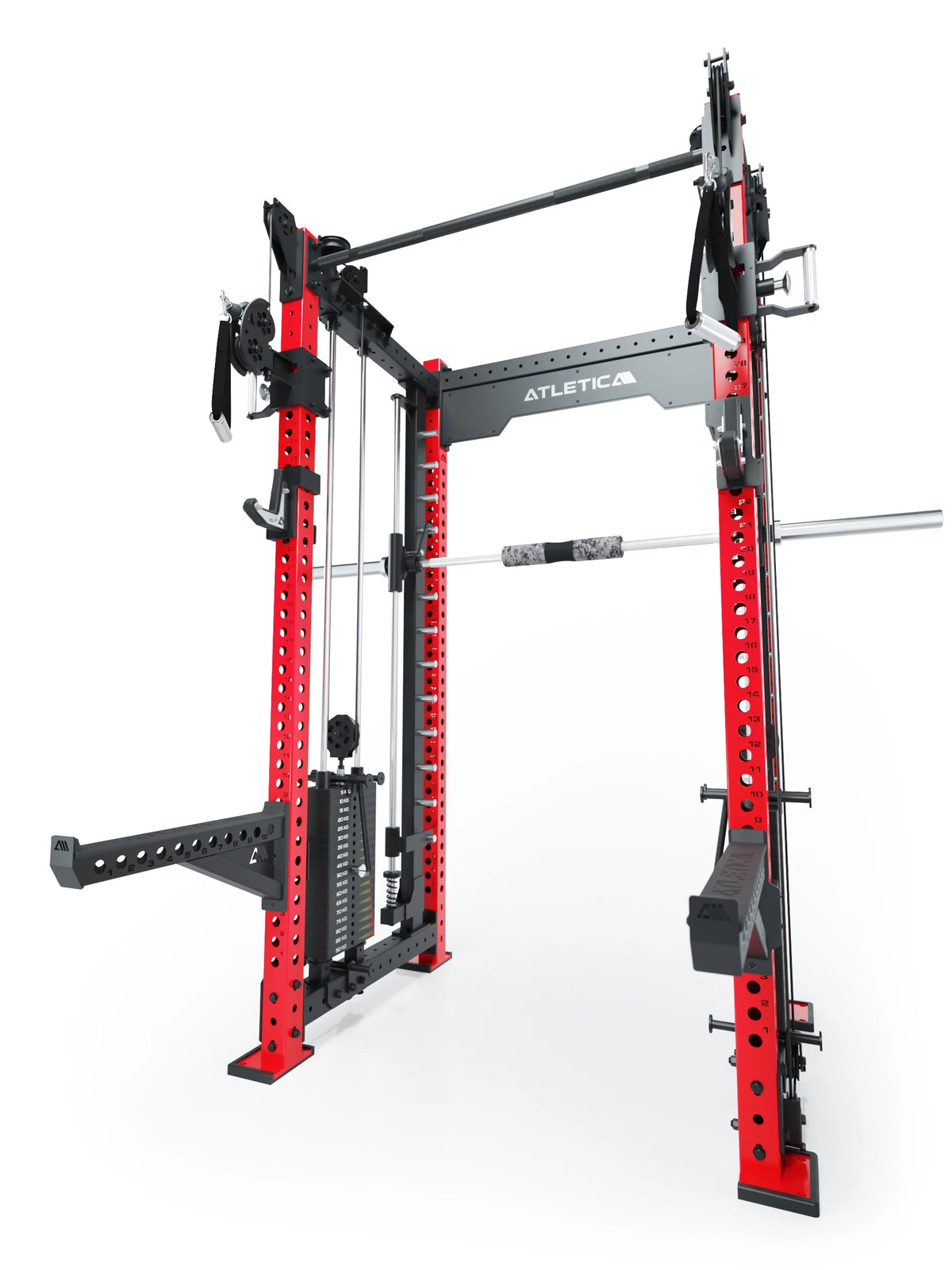 R8 Bradley Combat Medium Power Rack with 380 lb weight stacks, dual cable pulley, Smith Machine, in Sportscar Red