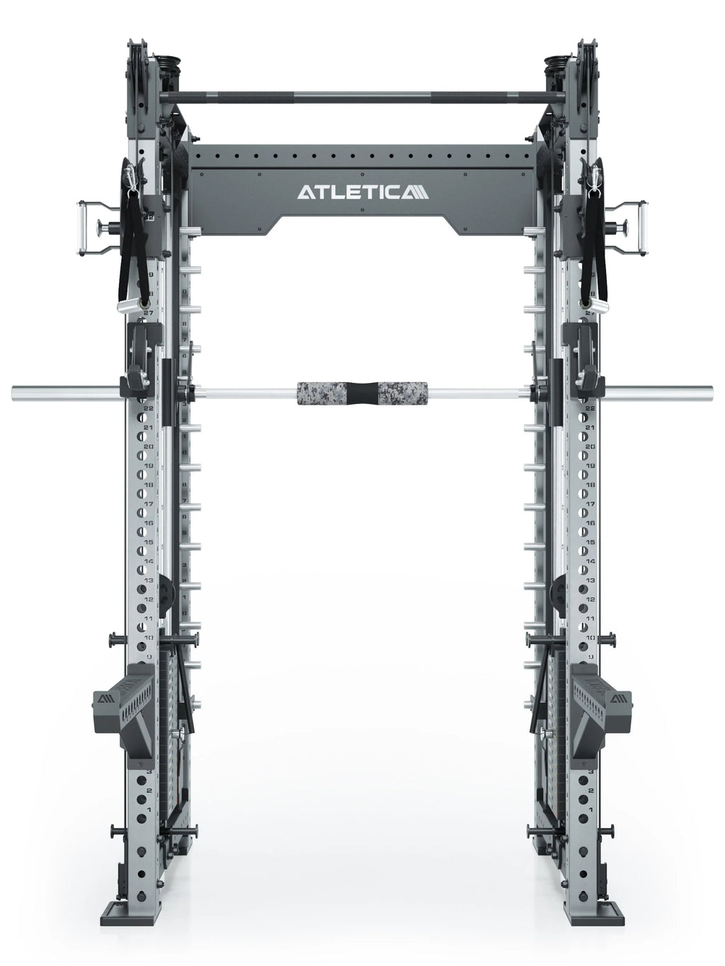 Atletica R8 Bradley Power Rack Combat Medium made of stainless steel with Smith Machine and neck pad on the Barbell