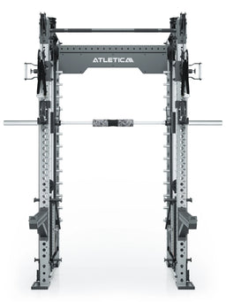 Atletica R8 Bradley Power Rack Combat Medium made of stainless steel with Smith Machine and neck pad on the Barbell