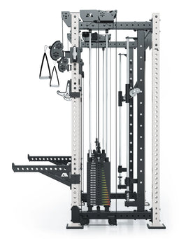 R8 Bradley Combat Medium White Power Rack with two weight stacks, dual cable pulley, integrated Smith Machine
