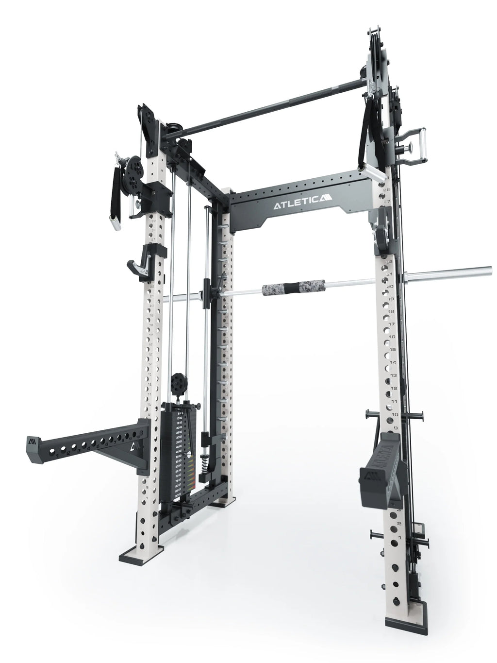 R8 Bradley Combat Medium White Power Rack with dual cable pulley with 380 lb weight stack and Smith Machine