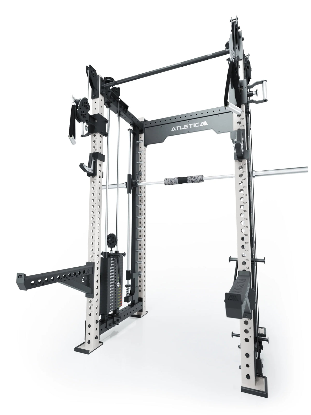 R8 Bradley Combat Medium White Power Rack with dual cable pulley with 2x210 lb weight stack and Smith Machine