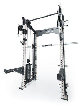 R8 Bradley Combat Medium White Power Rack with dual cable pulley with 380 lb weight stack and Smith Machine