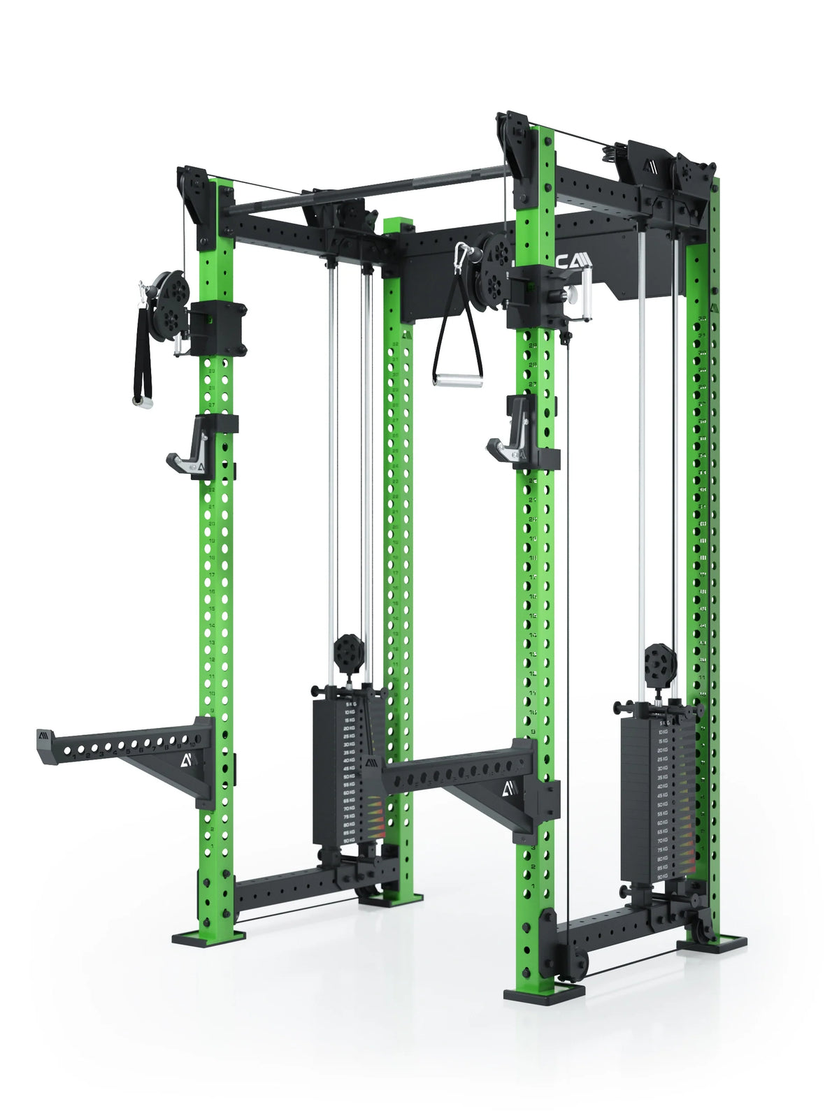 R8 Bradley Power Rack - green cage with cable pulley, pull-up bar, weight plate holders