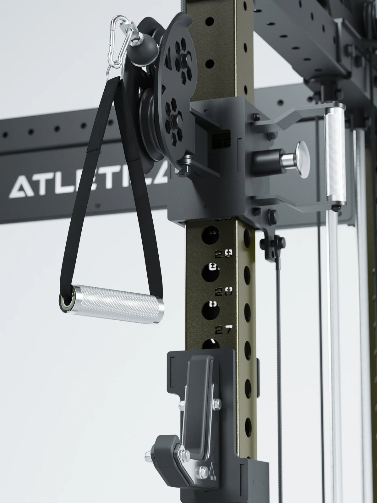R8 Bradley Power Rack - Cable Pulley with handle, carabiner hook, perforated sheet, weight stack