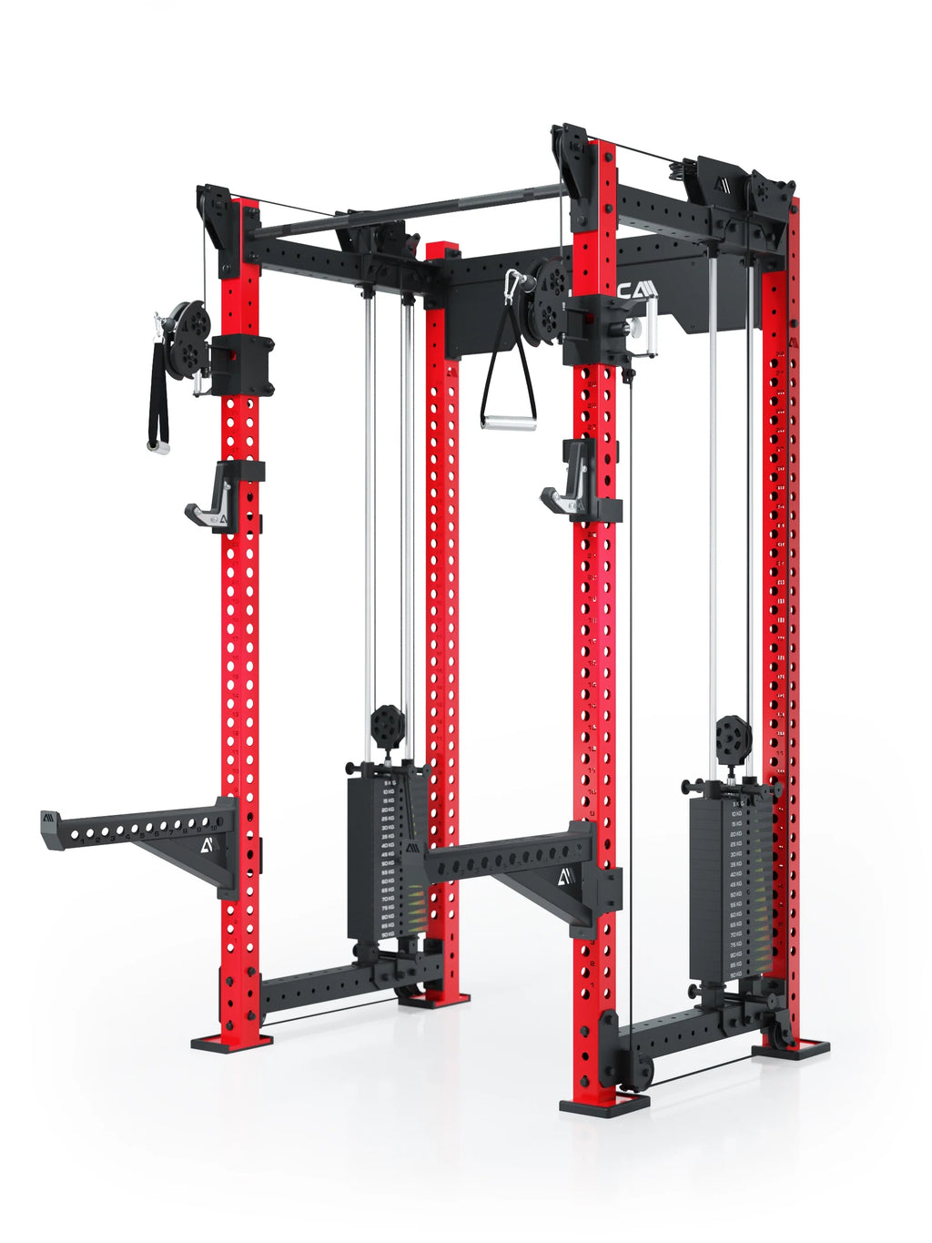 R8 Bradley Power Rack - red cage with weight stack, Cable Pulley, Pull-Up Bar, two J-Hooks